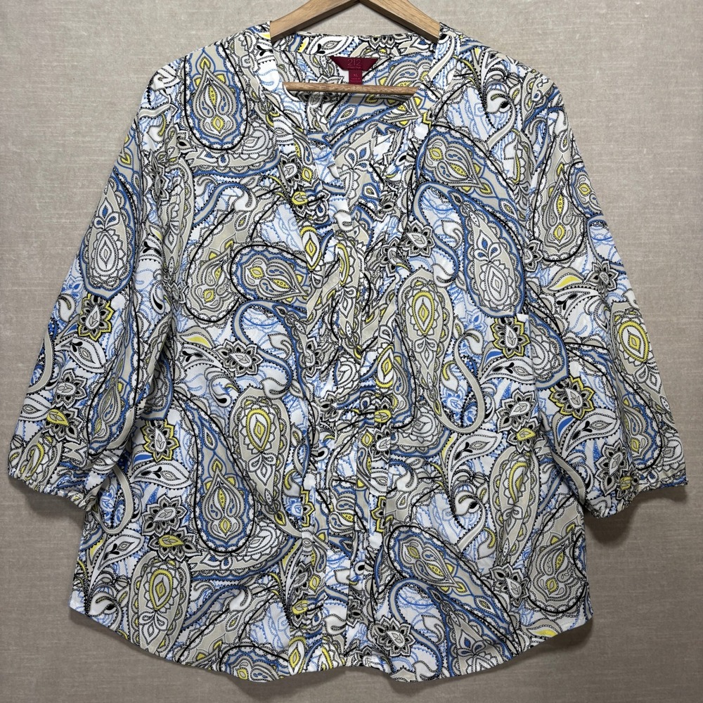 212 Collection Paisley 3/4 Sleeve V-Neck Blouse Top Womens XL‎